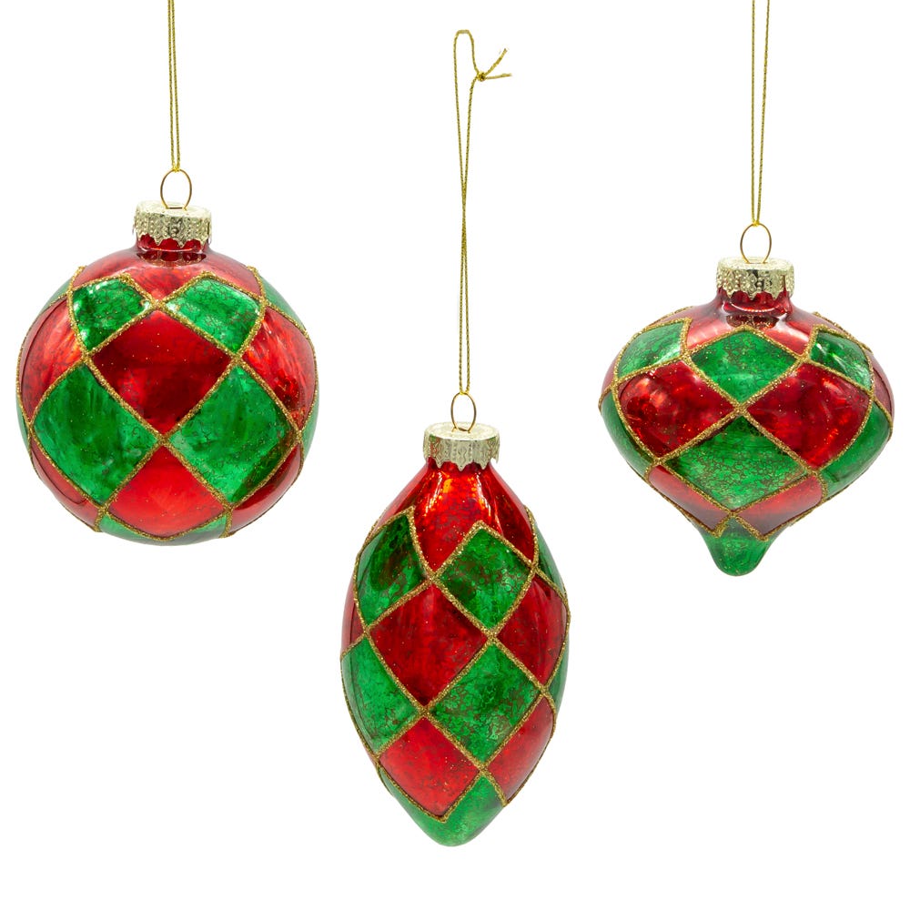 Kurt Adler 80 MM Green and Red Ball, Onion, Teardrop, 3-Piece Set